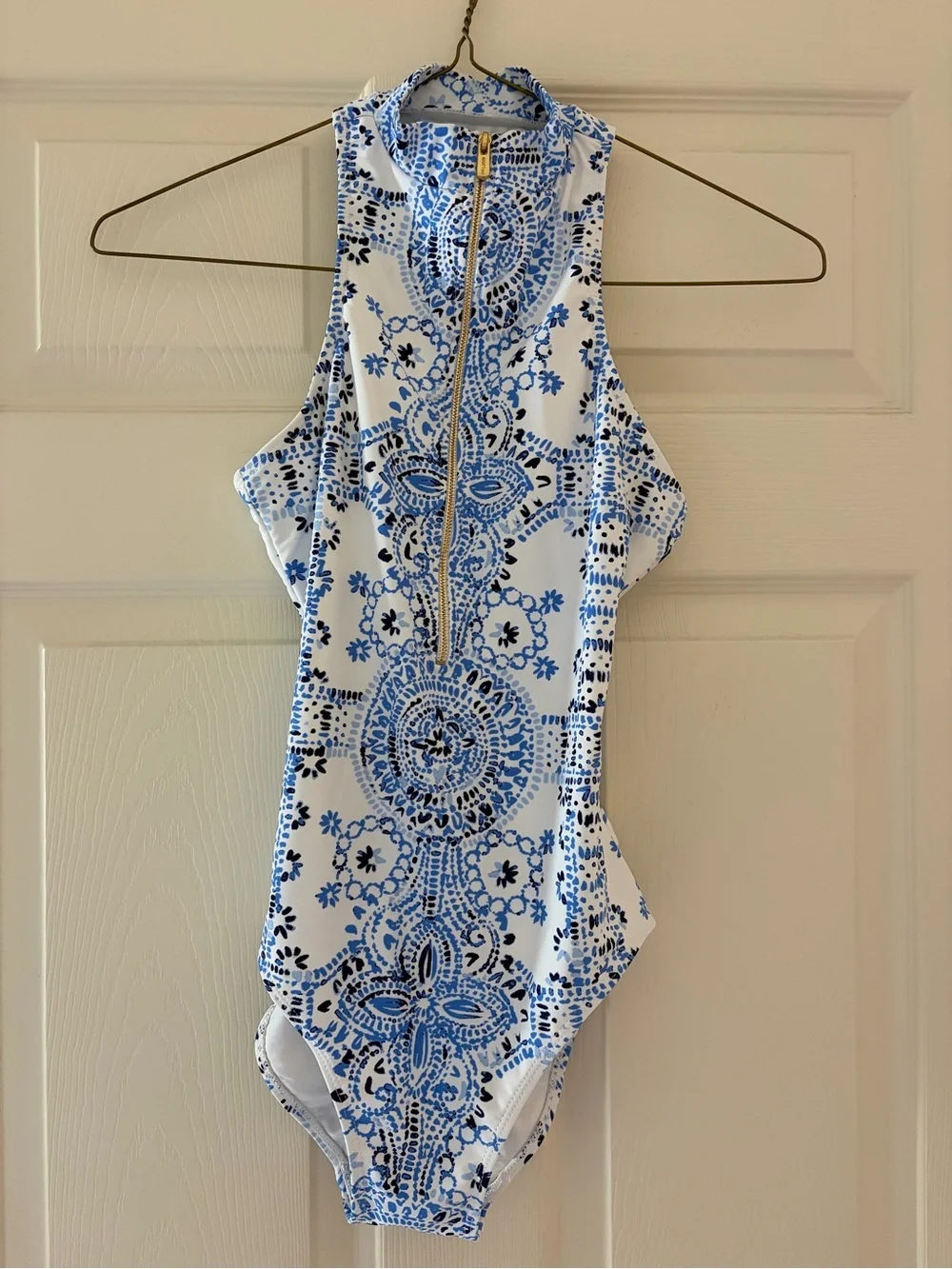 Mott 50 Tenley High Neck Swimsuit One Piece Zip Front Blue White Medallion XS S